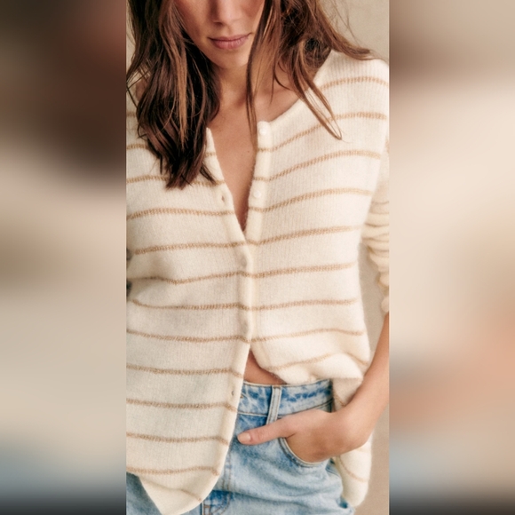 Sezane Sweaters - Gaspard cardigan ecru and gold stripes